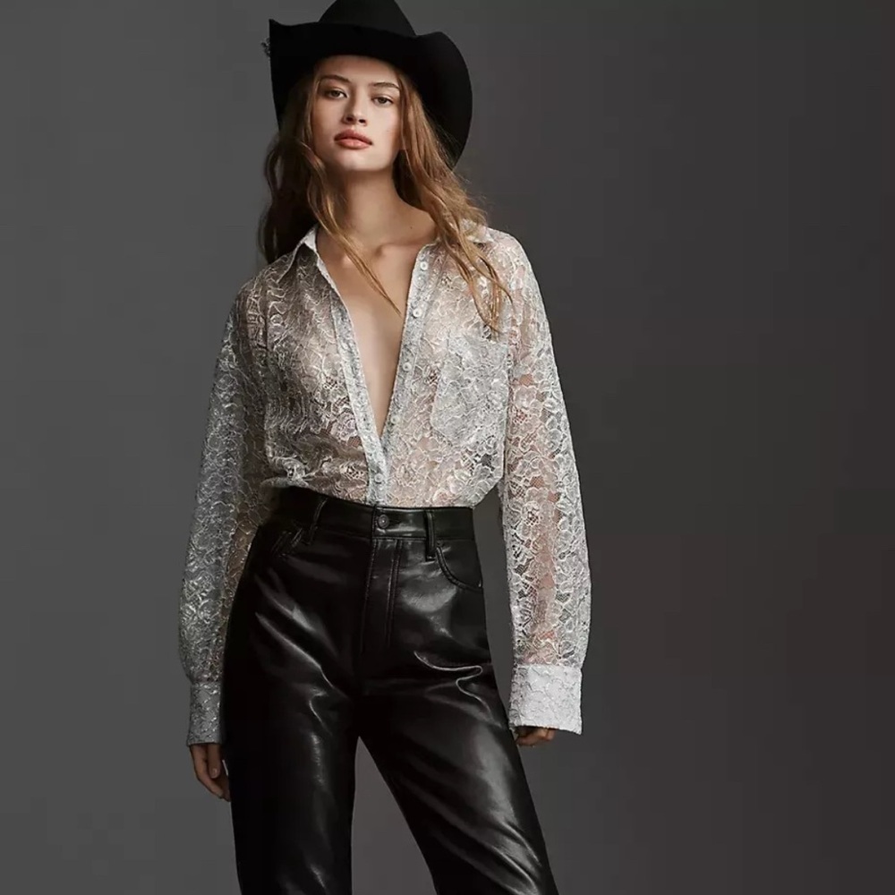 Anthropologie Metallic Lace Buttondown Shirt size Small Petite New With Tags